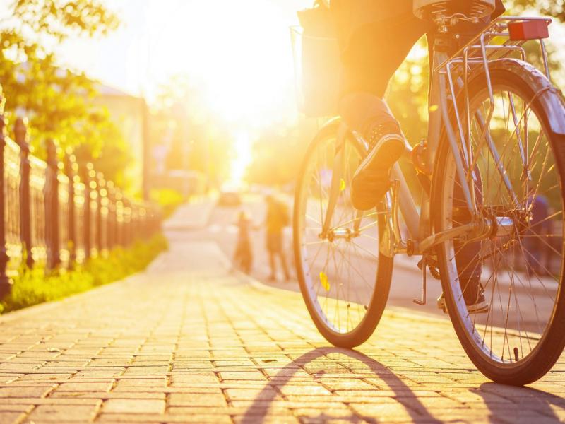 Bike wheel highlighted by sunset