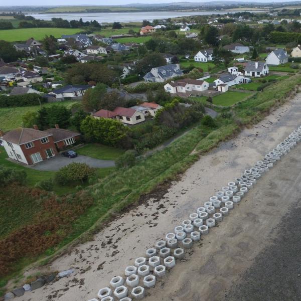 Aerial image of Portrane Beach showing coastal erosion defences