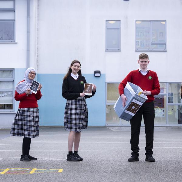Photograph taken of pupils from Luttrellstown Community College launching the ‘Sorted - How to Reduce, Segregate and Manage School Waste’ videos. 
