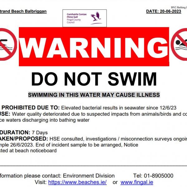Extension of Temporary Do Not Swim Prohibition Notice at Front Strand Beach Balbriggan
