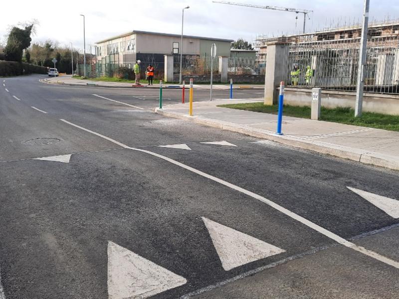 Bollards and speed bump outside school