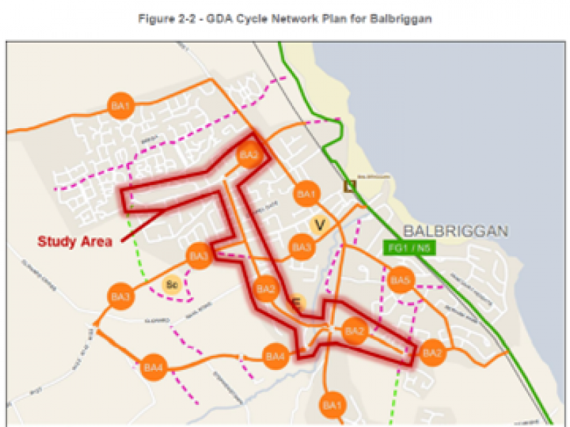 map of route with descriptions relating to greater dublin area cycle network