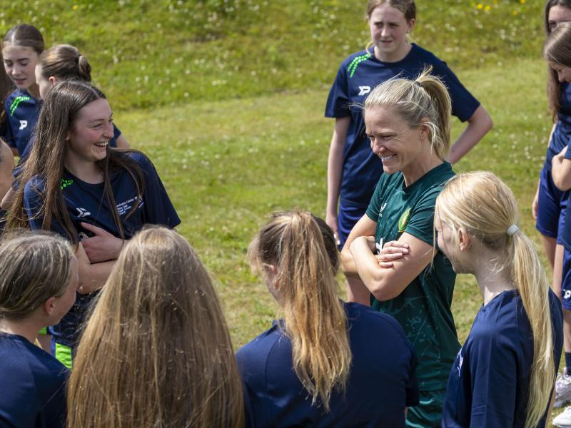 Ireland Women's National Football Team member Diane Caldwell, from Balbriggan in Fingal, meets with girl's from the country's first ever TY Football course. The ground-breaking initiative is run by Fingal County Council and the FAI.