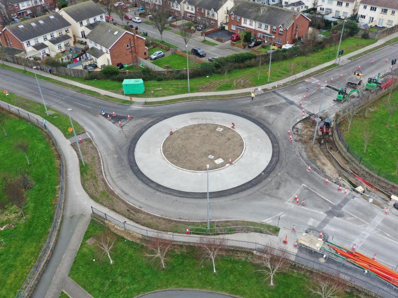 Work continues on reconfigured roundabout at entrance to Moylaragh. Feb 2024.