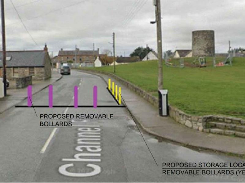 A graphic showing temporary bollards across Channel Road Rush at national school