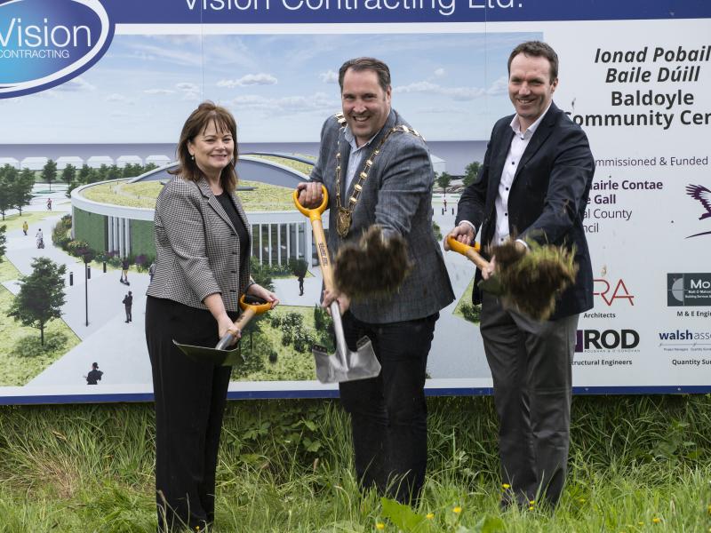 The Mayor of Fingal, Cllr Adrian Henchy, was joined by the Chief Executive of Fingal County Council, AnnMarie Farrelly, and the Director of Housing and Community Development, Paul Carroll, for the official sod-turning for the new Baldoyle Community Centre.