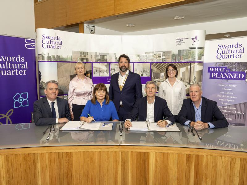 Pictured at the signing of the contracts for the new Swords Cultural Centre were - Front row (from left): John Quinlivan, Director of Economic, Enterprise, Tourism and Cultural Development; AnnMarie Farrelly, Chief Executive, Fingal County Council; Seamus Duggan and David Duggan, Joint Managing Directors, Duggan Brothers (Contractors) Ltd. Back Row (from left): Betty Boardman, County Librarian; Mayor of Fingal, Cllr Brian McDonagh; and Sile Stewart, Deputy County Arts Officer.