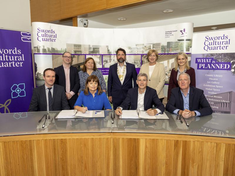 Pictured at the signing of the contracts for the new residential development of 36 homes beside the new Swords Cultural Centre were - Front row (from left): Paul Carroll, Interim Director of Housing and Community; AnnMarie Farrelly, Chief Executive, Fingal County Council; Seamus Duggan and David Duggan, Joint Managing Directors, Duggan Brothers (Contractors) Ltd. Back Row (from left): Michael Gallagher, Senior Quantity Surveyor; Aoife Lawler, Senior Executive Officer, Housing Department; Mayor of Fingal,