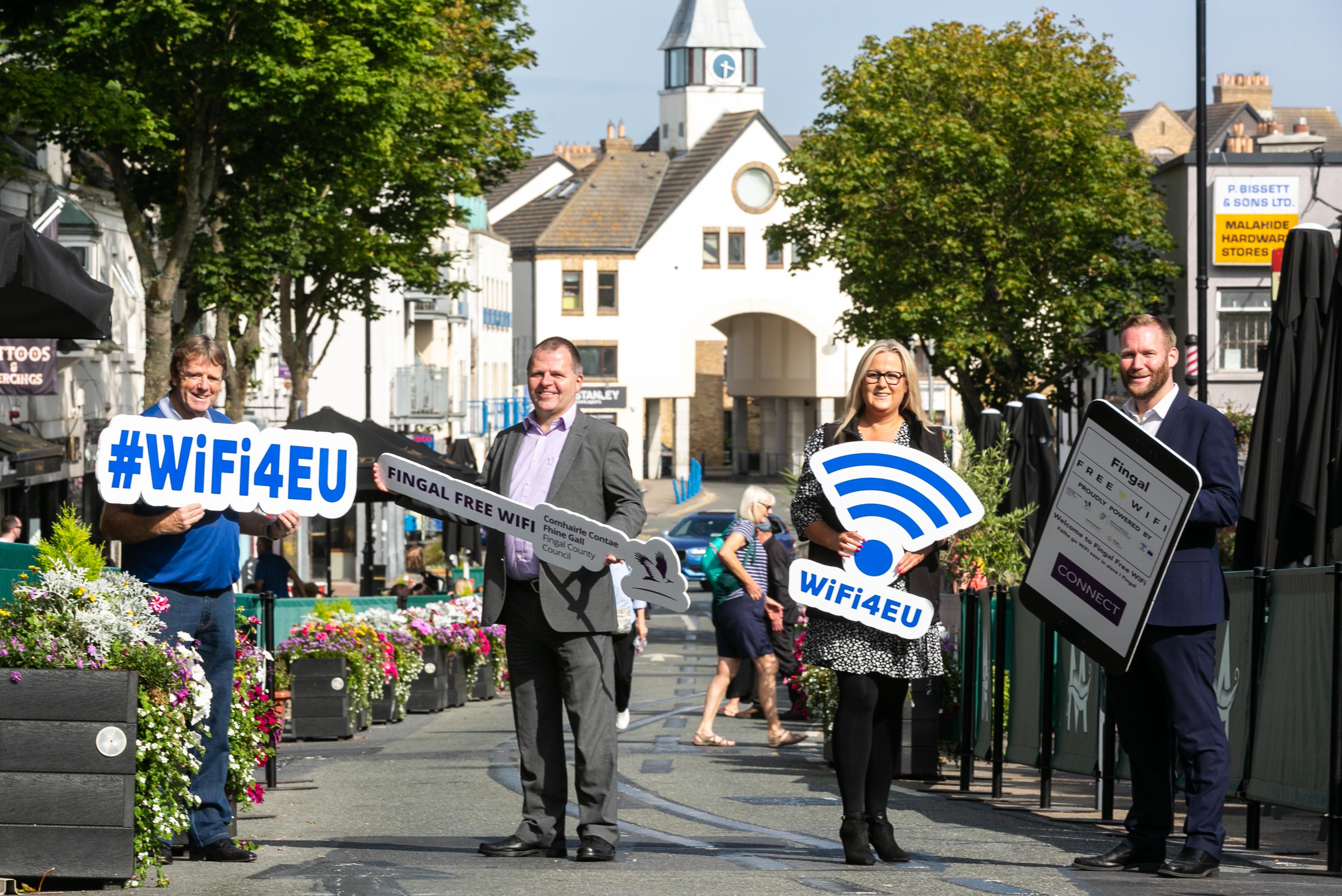 Pictured are Barry Gibney, Dominic Byrne, Head of IT, Fingal, Clodagh Kelly, Magnet Networks, Cllr Eoghan O'Brien launching the Wi-Fi in Malahide