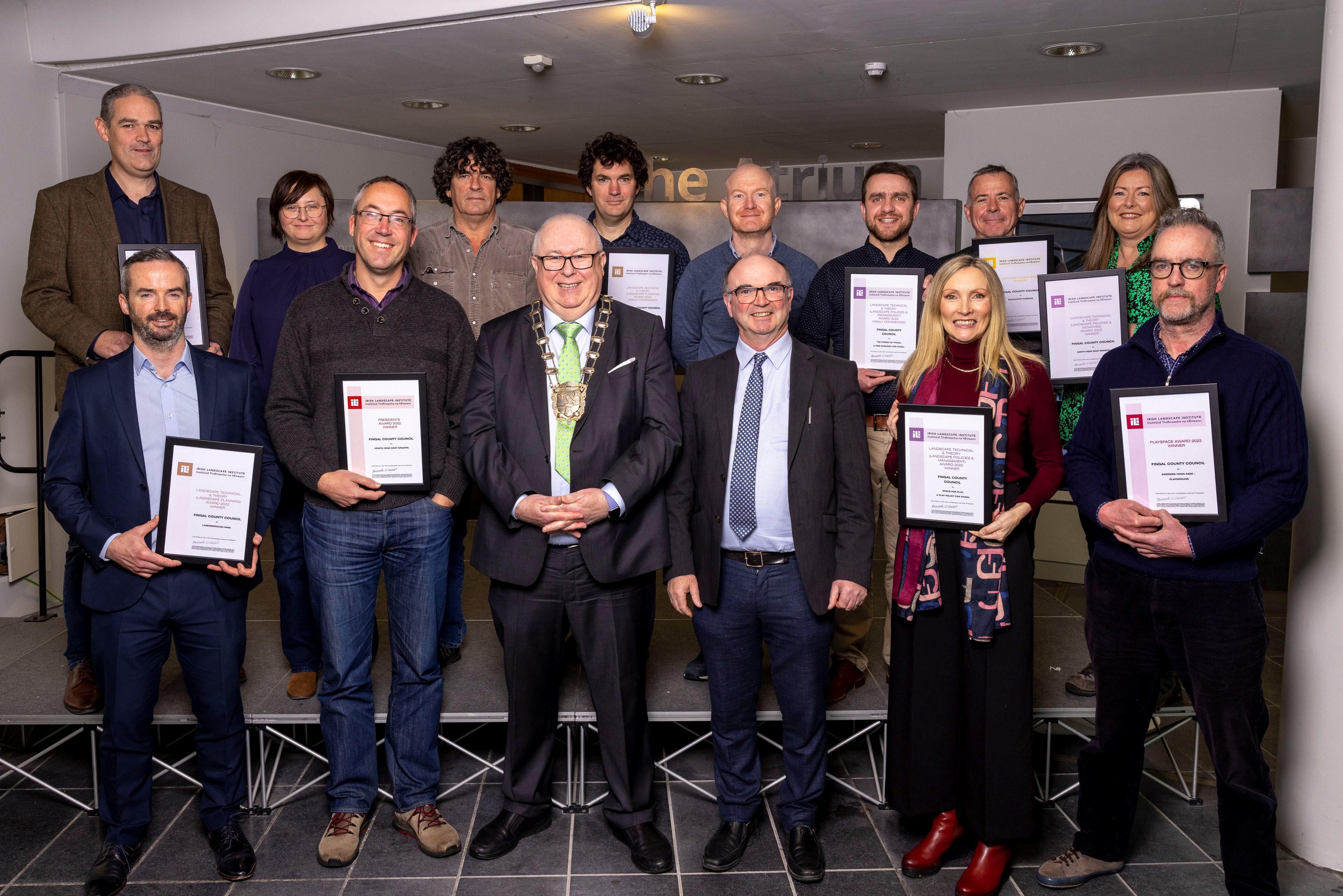 Mayor of Fingal Cllr Howard Mahony, alongside Kevin Halpenny, Senior Parks Superintendent, and Fingal County Council's  Nine Award Winning Teams at the Irish Landscape Institute Awards.