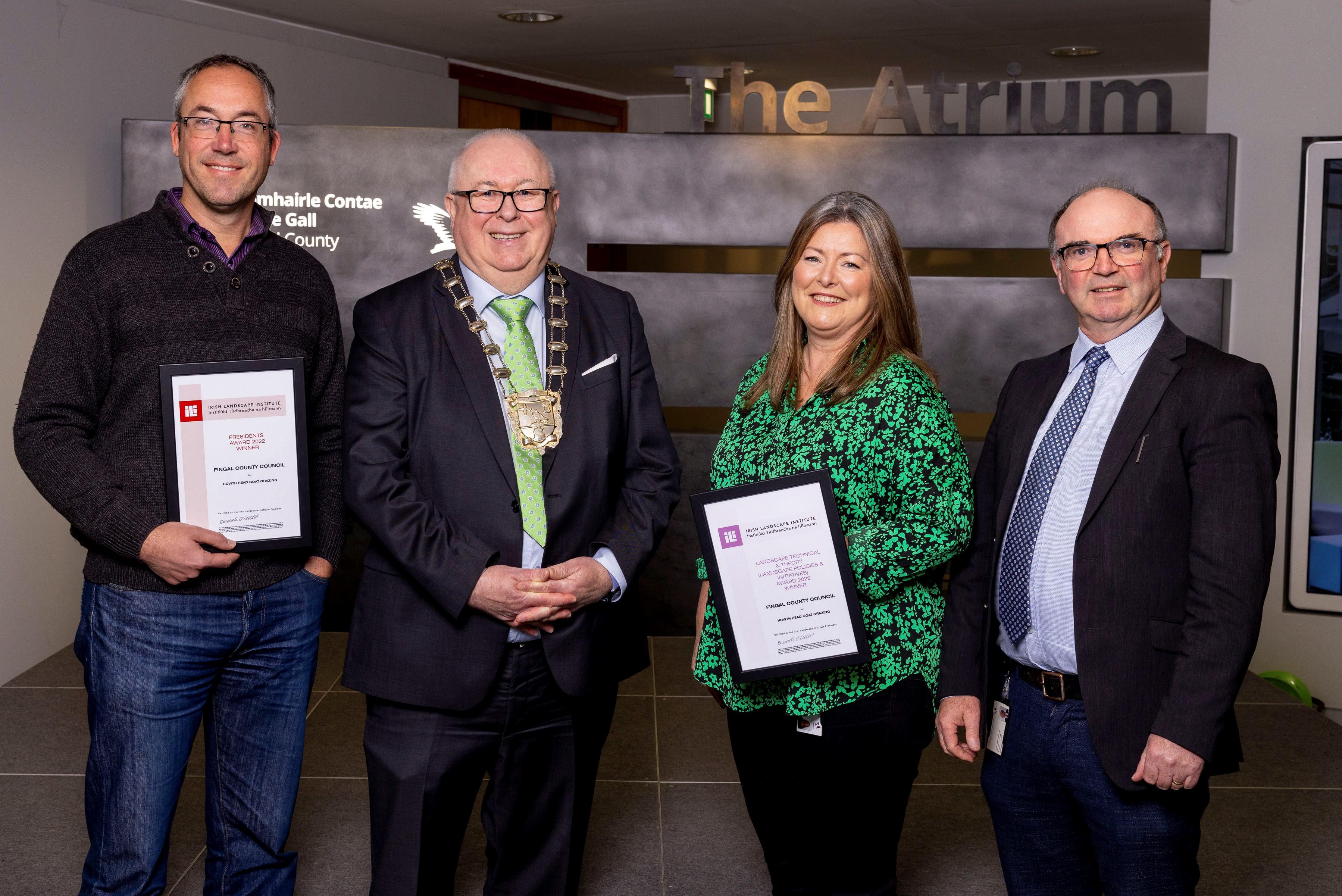 The Mayor of Fingal Cllr Howard Mahony along with Senior Parks Superintendent, Kevin Halpenny, Fingal County Council’s Biodiversity Officer Hans Visser, ( holding the President's Award for the Howth Head Goat Grazing Project ) ,and Deirdre O' Farrell, Assistant Parks and Landscape Officer holding the Best in Section under the Landscape Policies & Initiatives Category, also for the Howth Head Goat Grazing Project .