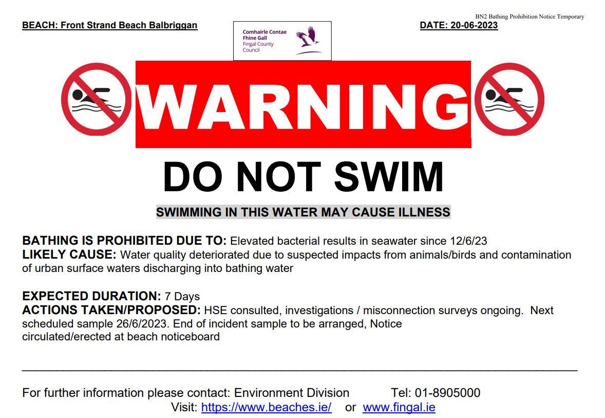 Extension of Temporary Do Not Swim Prohibition Notice at Front Strand Beach Balbriggan
