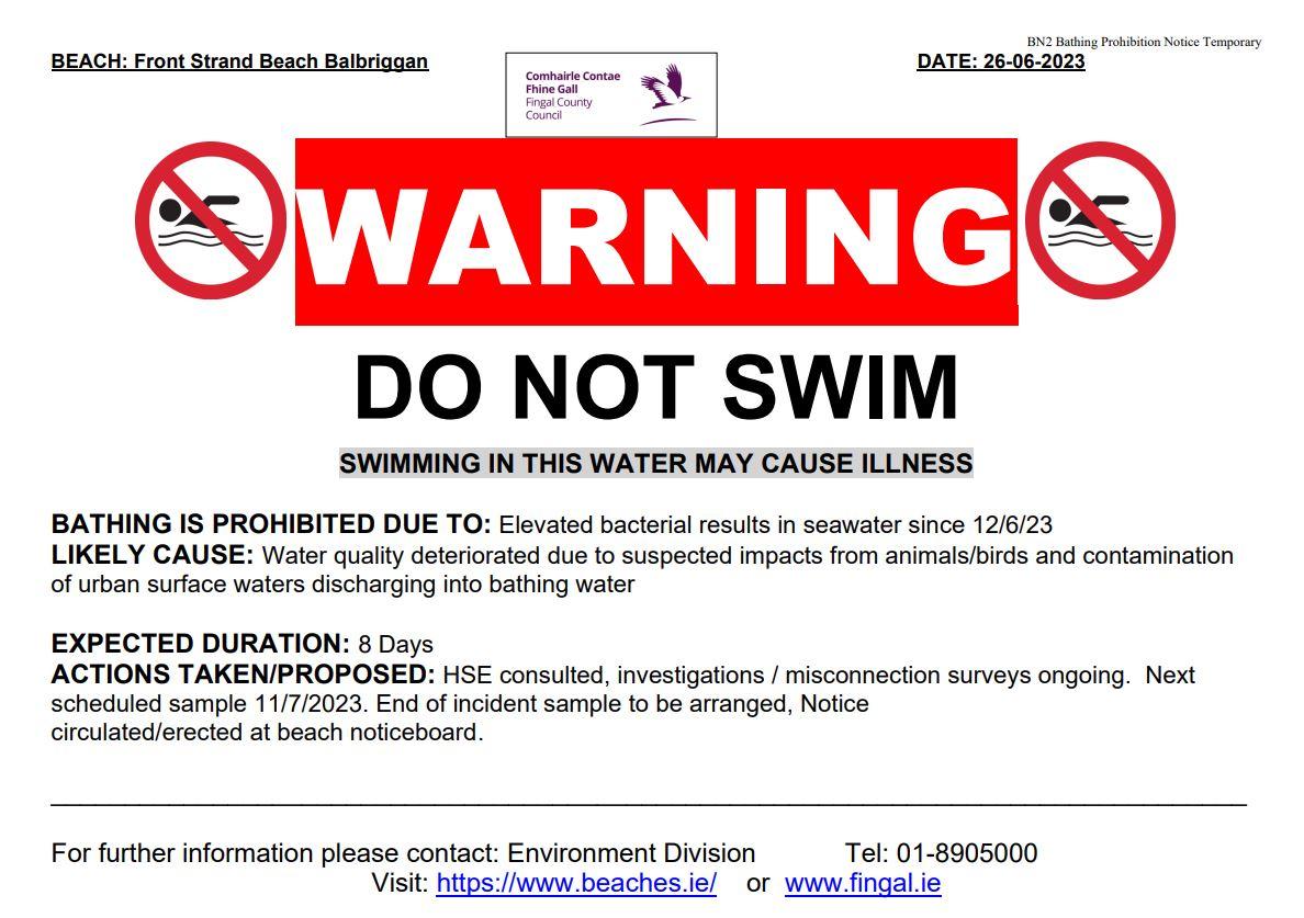Do not swim Balbriggan 26 June 2023